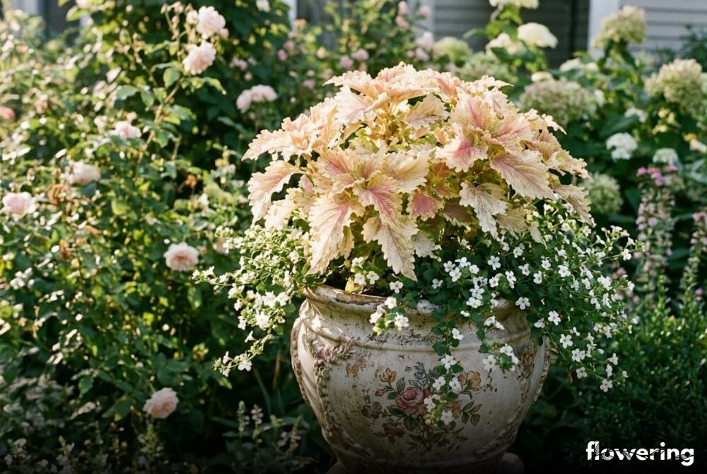 Pastelowy koleus Rokoko i biała bakopa w ozdobnej donicy w ogrodzie