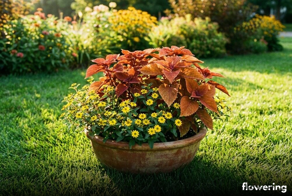 Koleus Sedona i żółta sanwitalia w misie ogrodowej na słonecznym trawniku