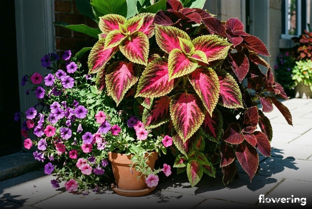 Duży koleus Kong i kwitnące surfinie w donicy ogrodowej w pełnym słońcu