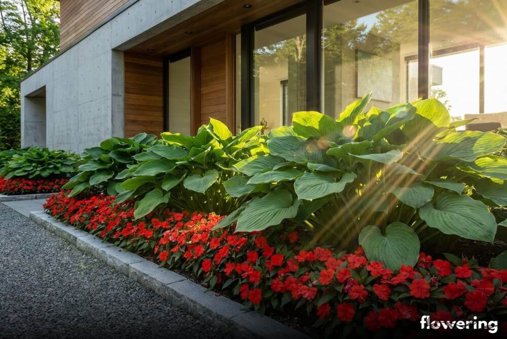 Rabata ogrodowa z czerwonymi niecierpkami rosnącymi przed dużymi kępami zielonych funkii przy nowoczesnym budynku
