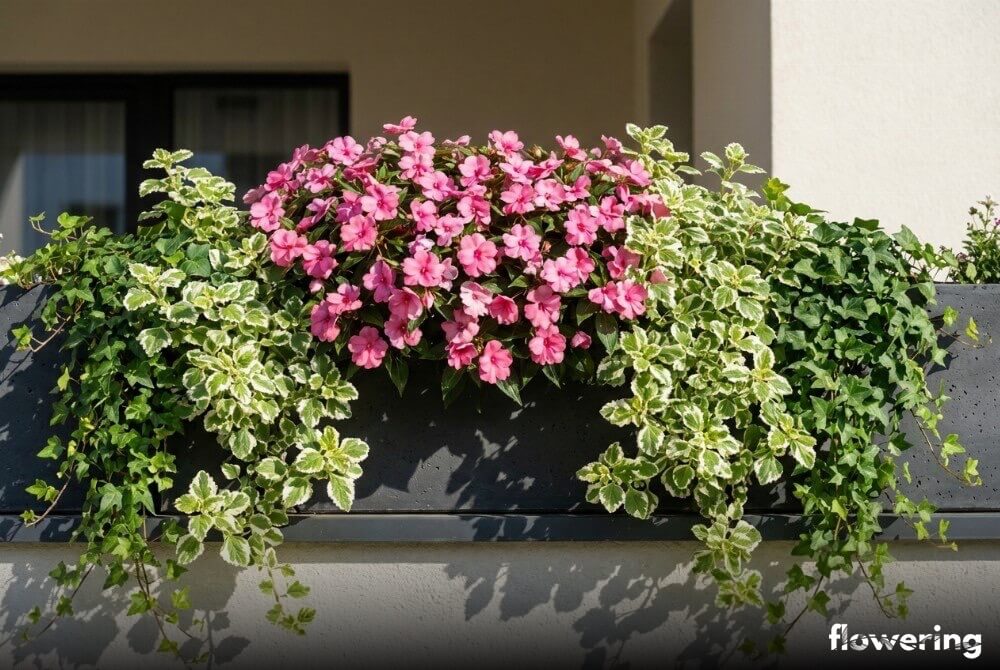 Kompozycja z różowych niecierpków, biało-zielonej komarzycy i bluszczu w skrzynce balkonowej przy jasnym domu
