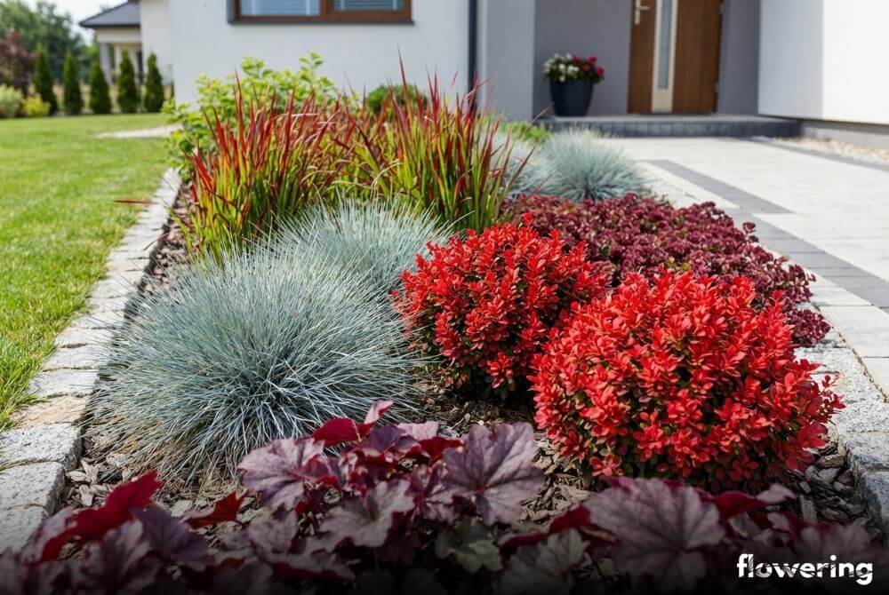 Kontrastowa rabata z kostrzewą siną, czerwonym berberysem, purpurową żurawką i imperatą ‘Red Baron’ w słonecznym ogrodzie przy nowym domu