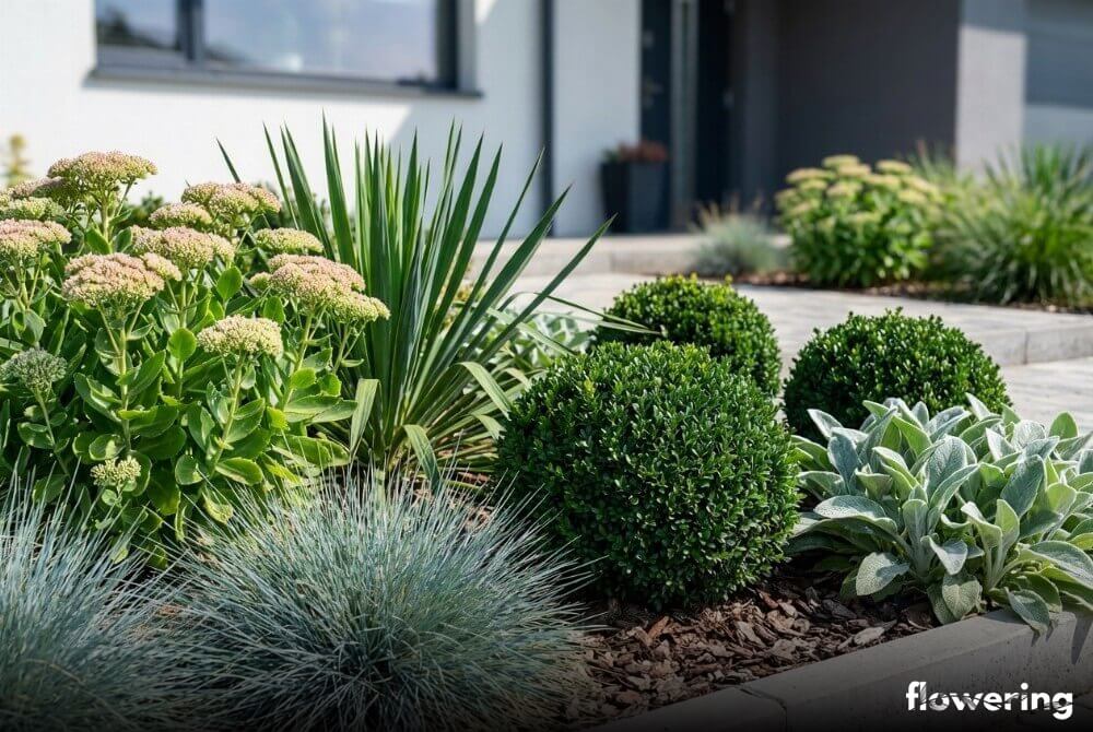 Rabata strukturalna: kostrzewa sina przy juce, kulach bukszpanu, rozchodniku okazałym i czyśćcu wełnistym w słonecznym ogrodzie