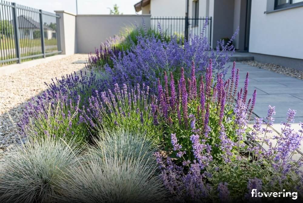 Chłodna rabata „ton w ton” z kostrzewą siną, lawendą, perowskią, szałwią i kocimiętką w słonecznym ogrodzie przy domu