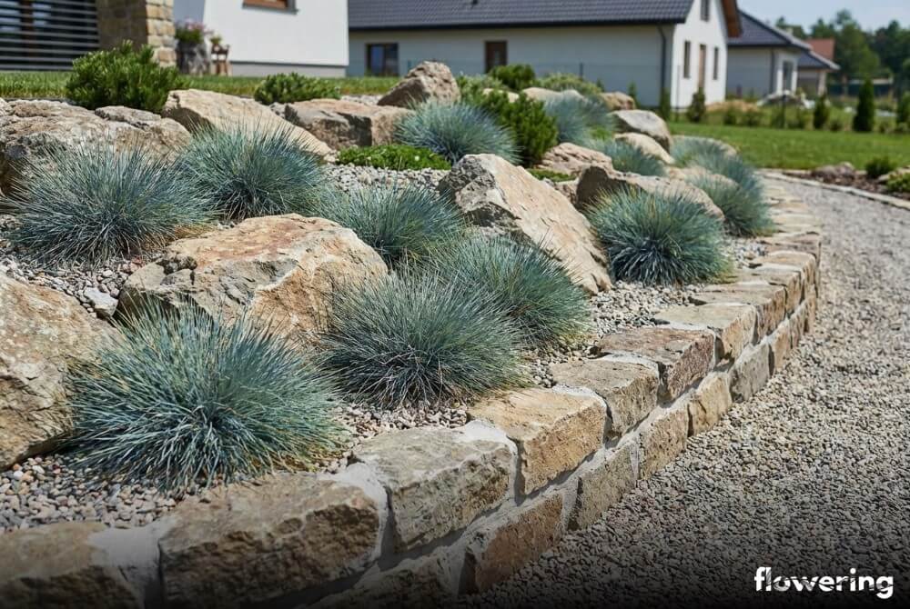 Skalniak przydomowy z kępami kostrzewy sinej między kamieniami i w szczelinach murku w słoneczny dzień