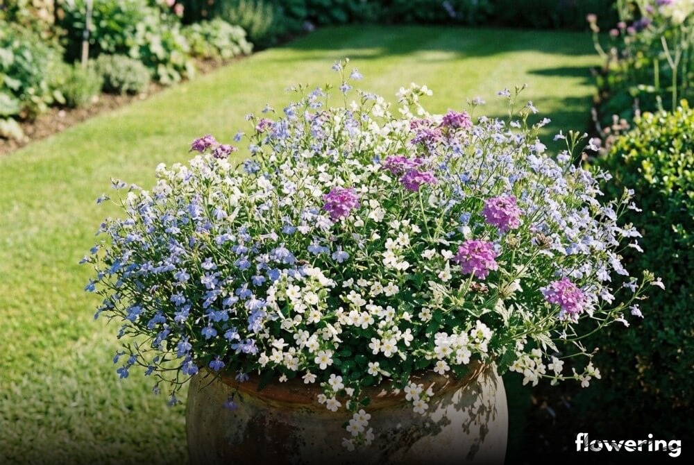 Delikatna kompozycja z niebieskiej lobelii, białej bakopy i fioletowej werbeny w donicy