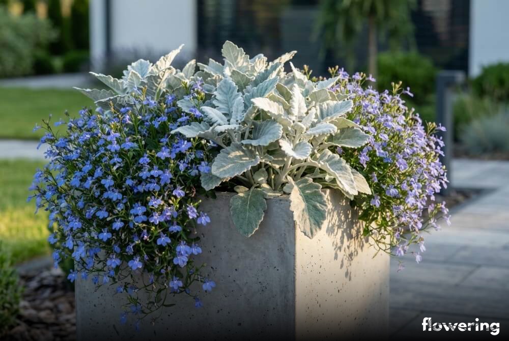 Niebieska lobelia ze srebrzystym starcem popielnym w eleganckiej donicy