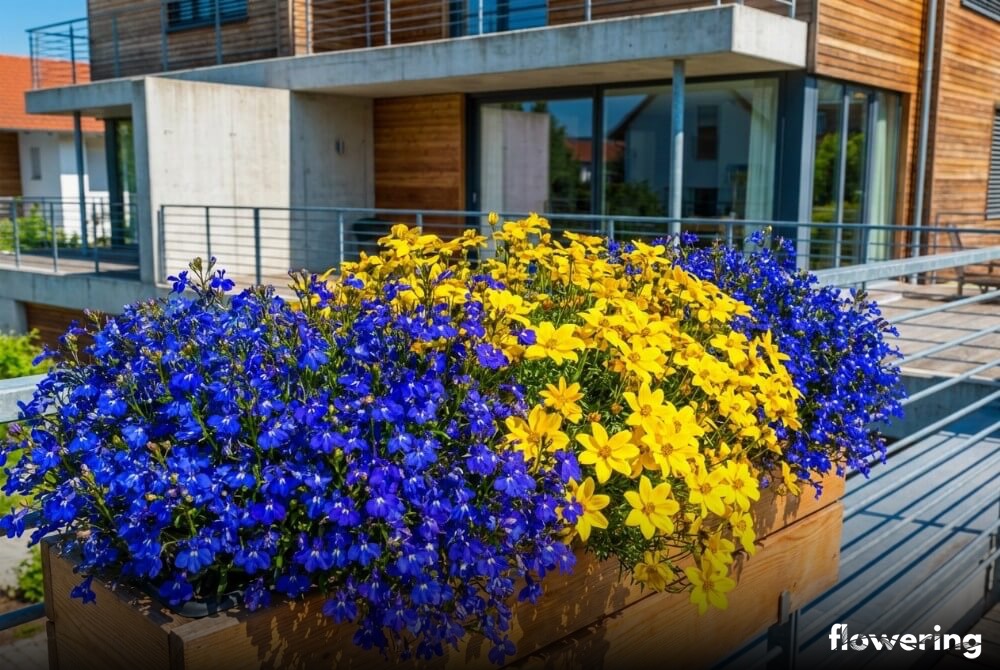 Kontrastowe zestawienie niebieskiej lobelii i żółtego uczepu w skrzynce balkonowej