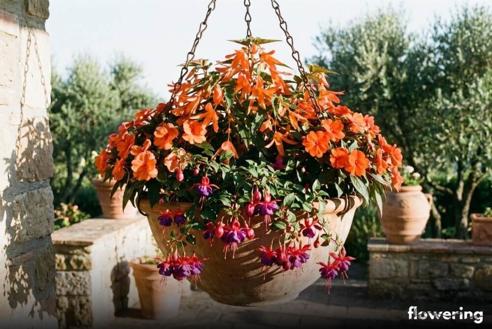 Trójpoziomowa aranżacja z begonii, pomarańczowych niecierpków i fuksji w donicy na tarasie