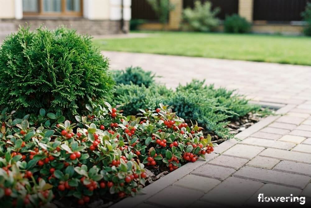 Kompozycja niskich iglaków z golterią rozesłaną na obrzeżu rabaty w nowoczesnym ogrodzie przy domu