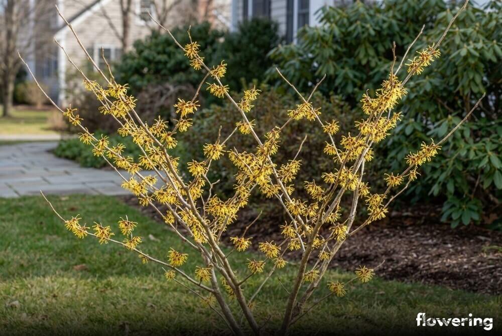 Zimowo kwitnący oczar wirginijski jako soliter na trawniku w ogrodzie przy domu, w słoneczny dzień