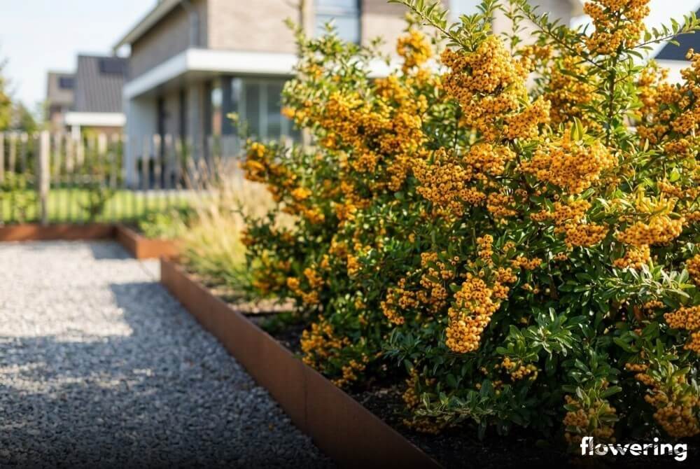 Ognik „Golden Charmer” z żółtymi owocami w uporządkowanej rabacie ogrodu przy domu