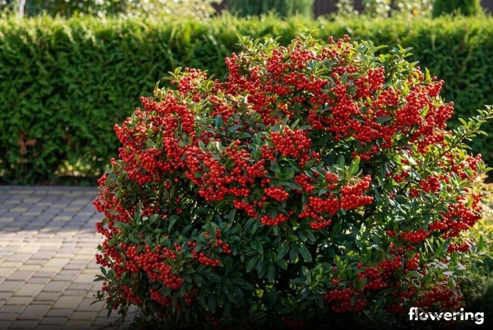 Krzew ognika „Kasan” z czerwonymi owocami w przydomowym ogrodzie przy ścieżce