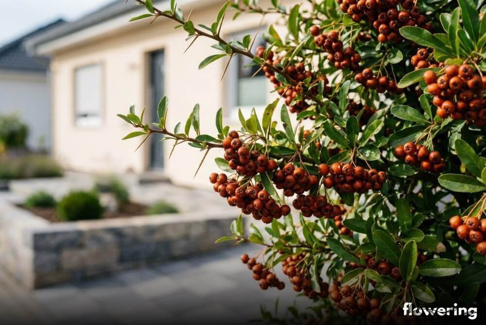 Zbliżenie na ognik „Mohave” z ciemnymi pomarańczowo-czerwonymi owocami i cierniami