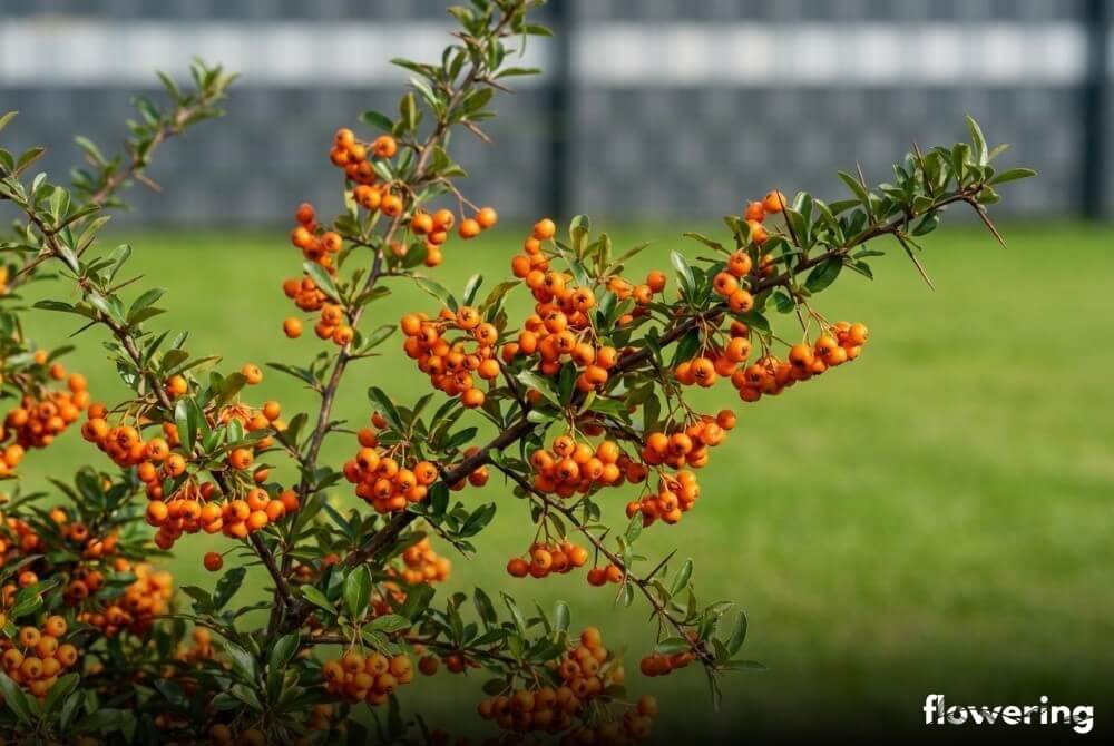 Ognik „Orange Glow” obsypany pomarańczowymi owocami w słonecznym ogrodzie przy domu