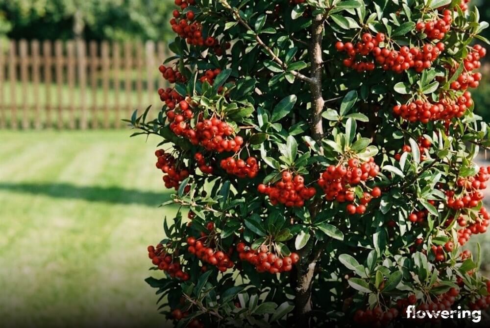 Ognik „Red Column” o kolumnowym pokroju z jaskrawoczerwonymi owocami w słonecznym ogrodzie przy domu
