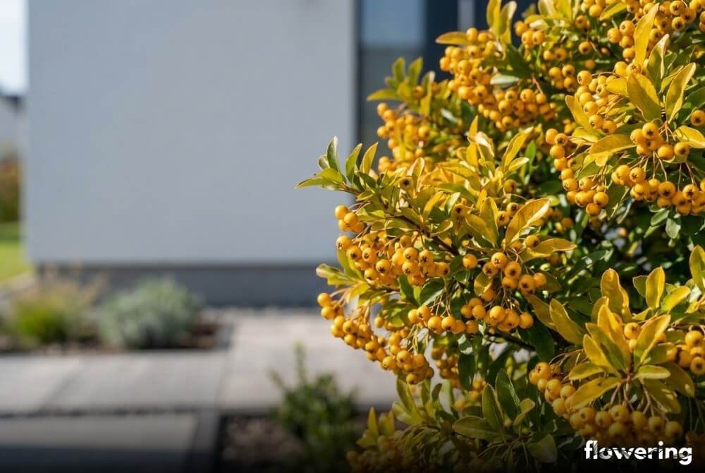 Złocistożółte owoce ognika „Soleil d’Or” na tle przydomowej elewacji w słońcu