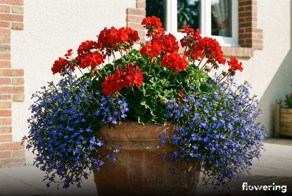 Czerwona pelargonia rabatowa w połączeniu z szafirową lobelią w donicy na słonecznym tarasie