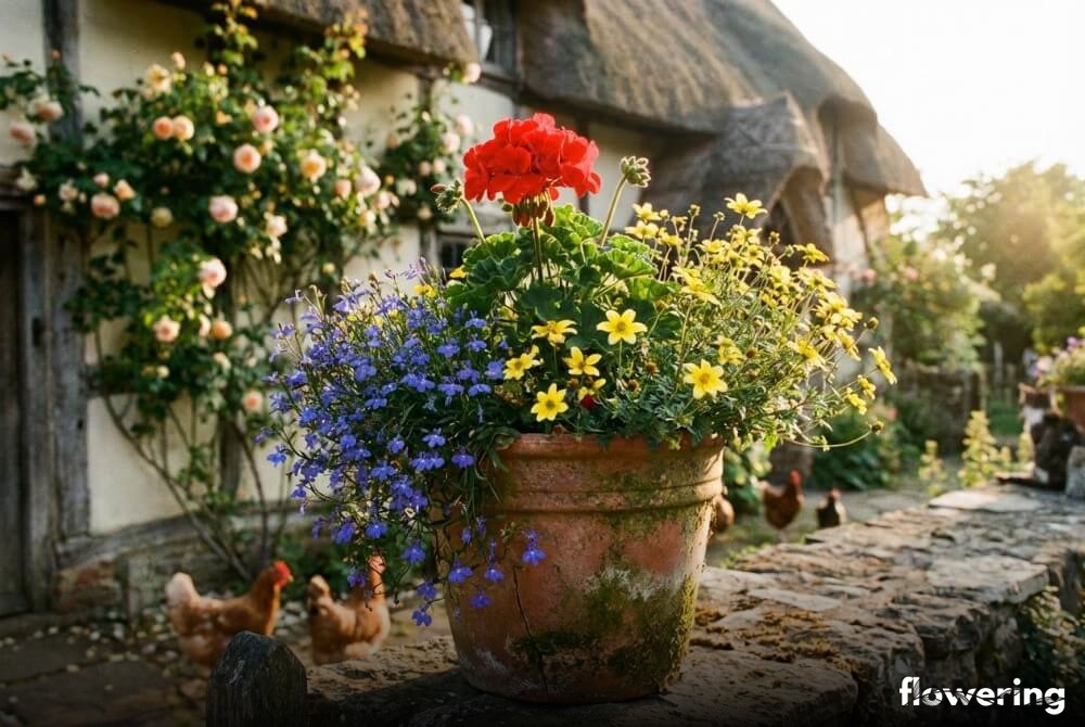 Rustykalna aranżacja z pelargonii, lobelii i uczepu w glinianej donicy