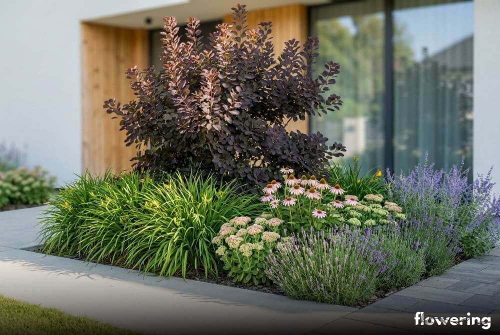 Perukowiec z jeżówkami, rozchodnikiem, liliowcami, lawendą i perowskią w słonecznym ogrodzie przy domu
