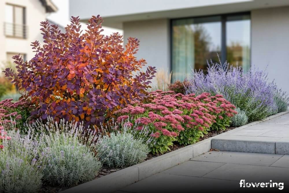Jesienna rabata z perukowcem, rozchodnikiem okazałym oraz srebrzystą perowskią i lawendą w pełnym słońcu