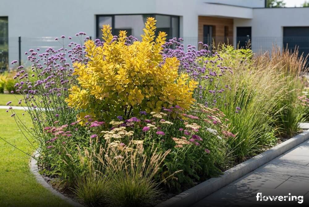 Preriowa rabata z perukowcem ‘Golden Spirit’, werbeną patagońską, krwawnikiem i trawami w słonecznym ogrodzie przy domu