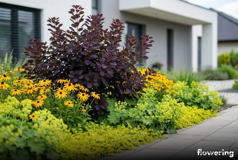 Perukowiec ‘Royal Purple’ z rudbekiami, tojeścią ‘Aurea’ i przywrotnikiem w słonecznej rabacie przy domu