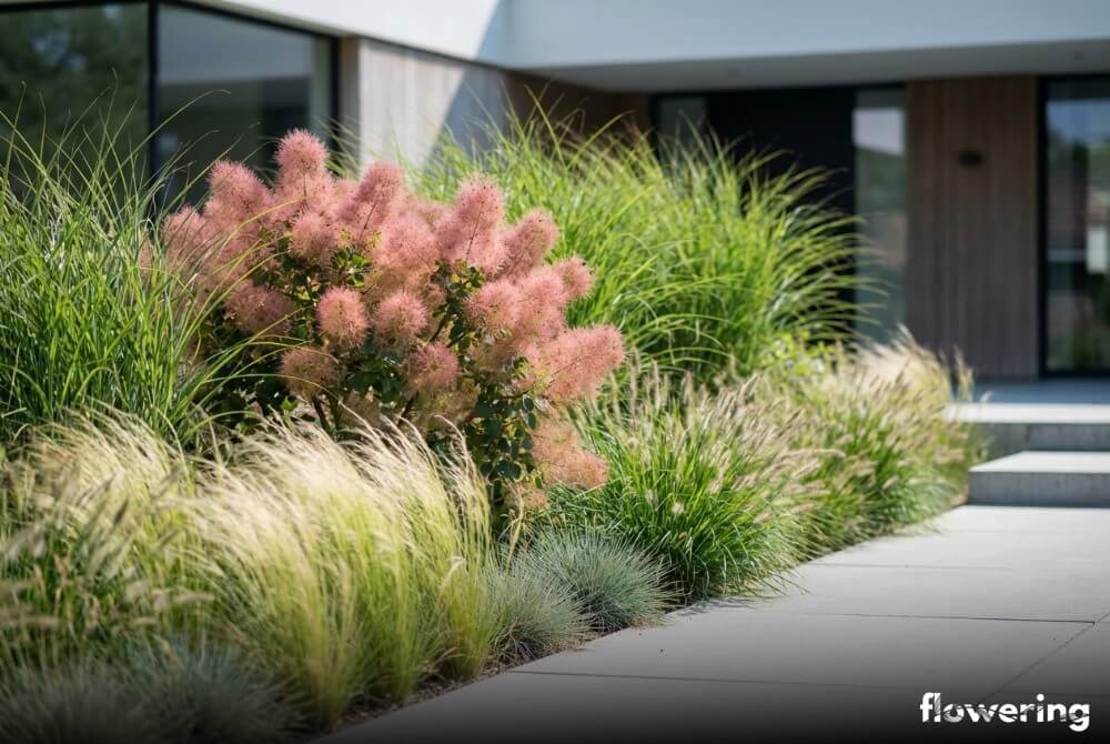 Perukowiec otoczony miskantem, ostnicą, kostrzewą siną i rozplenicą w słonecznej rabacie w pobliżu tarasu