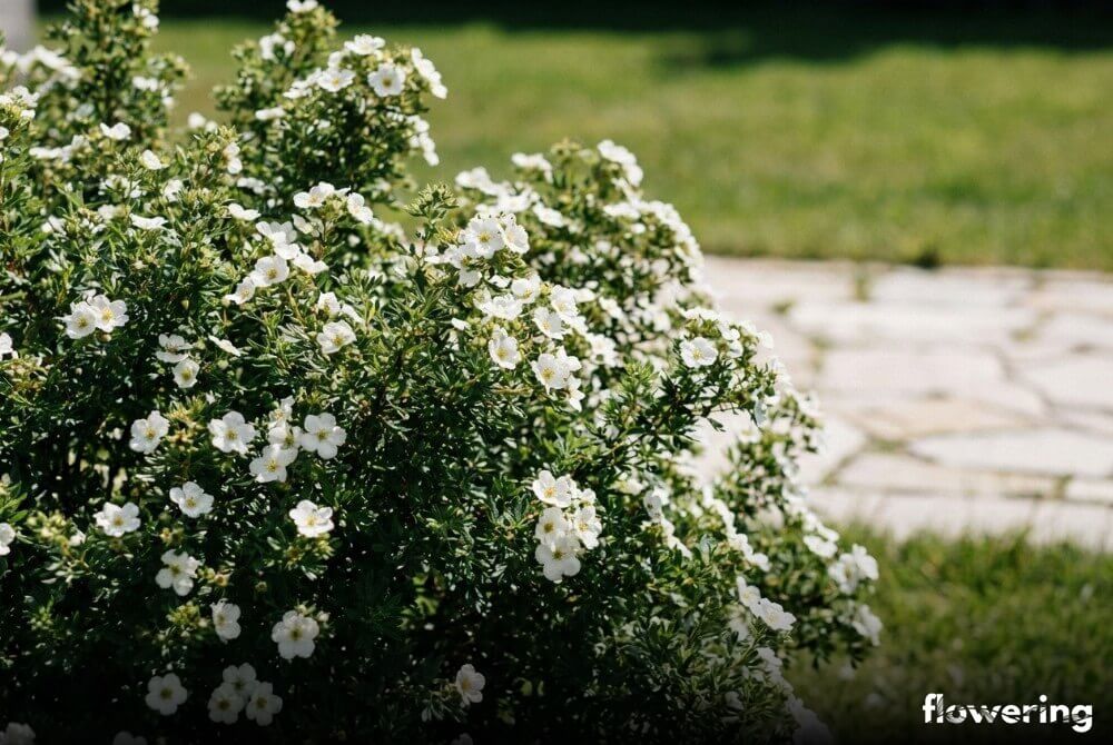 Pięciornik ‘Abbotswood’ z czysto białymi kwiatami i ciemnozielonymi liśćmi w przydomowym ogrodzie