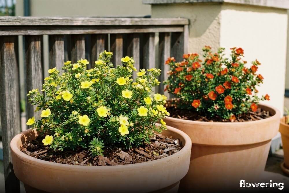 Kompaktowe odmiany pięciornika rosnące w dużych donicach na słonecznym tarasie lub balkonie