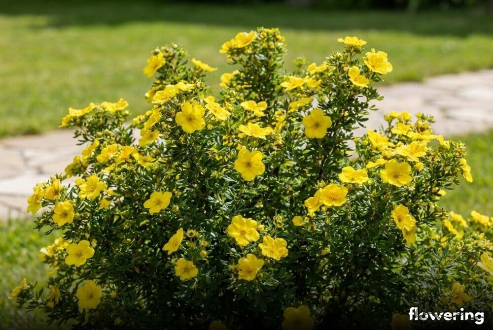 Pięciornik krzewiasty ‘Goldfinger’ z dużymi, intensywnie żółtymi kwiatami w ogrodzie przy domu