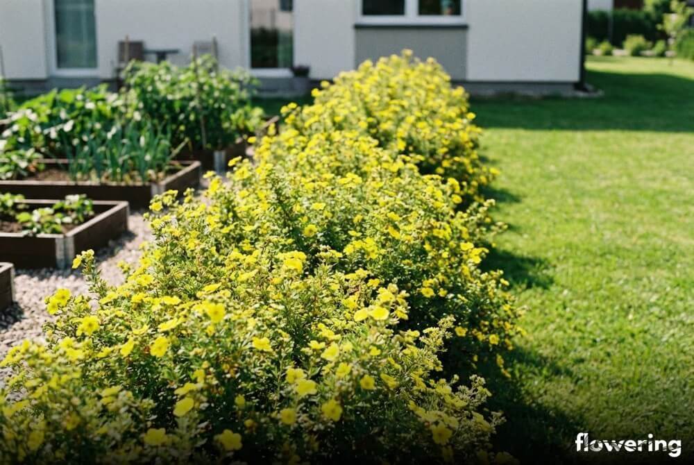 Niski, nieformowany żywopłot z pięciornika oddzielający warzywnik od trawnika w ogrodzie przy domu