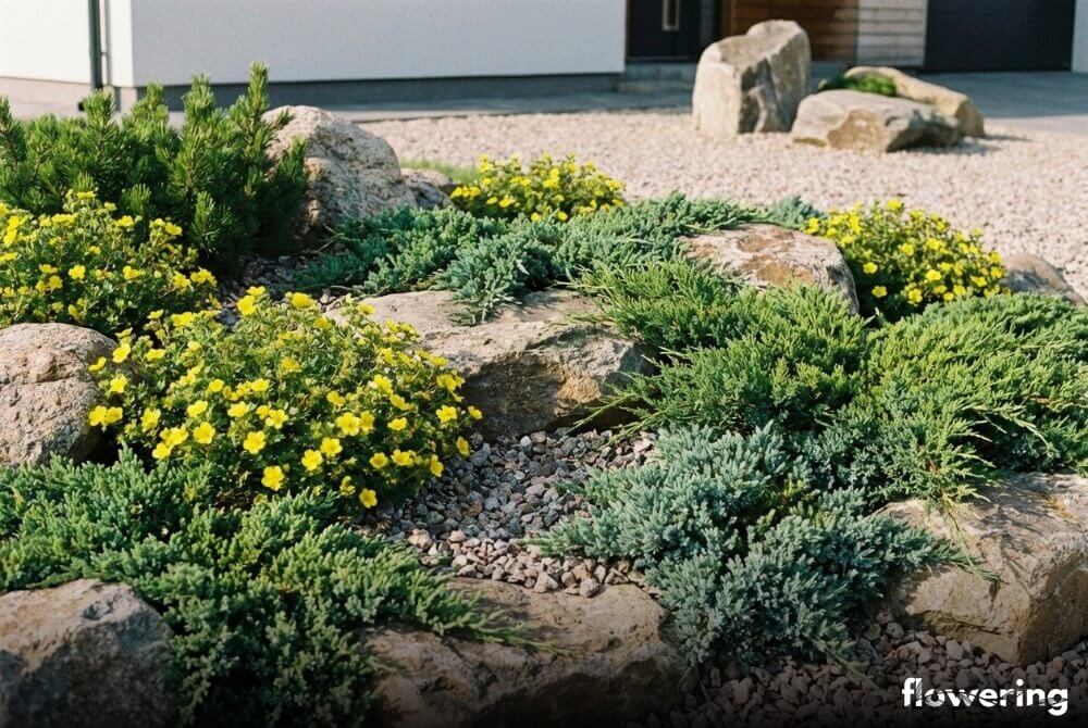 Skalniak z karłowym pięciornikiem ‘Kobold’ i jałowcami płożącymi w słonecznym ogrodzie