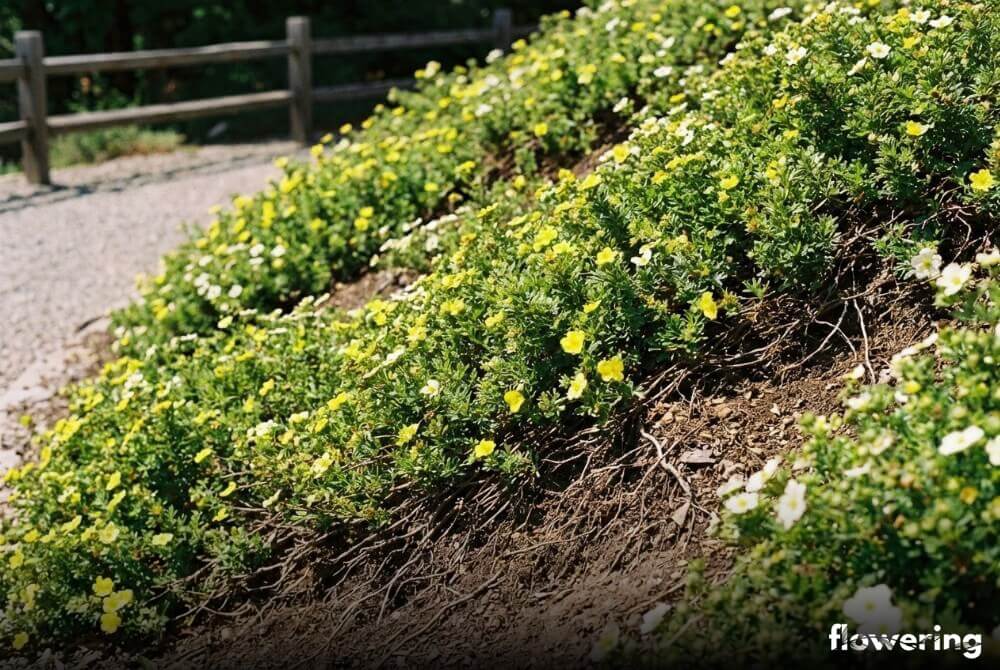 Skarpa obsadzona pięciornikiem krzewiastym, który stabilizuje grunt i ogranicza erozję w ogrodzie