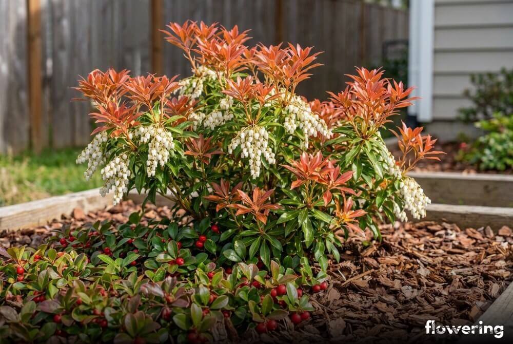 Pieris japoński w kwaśnej rabacie z golterią rozesłaną jako rośliną okrywową, w ogrodzie przy domu
