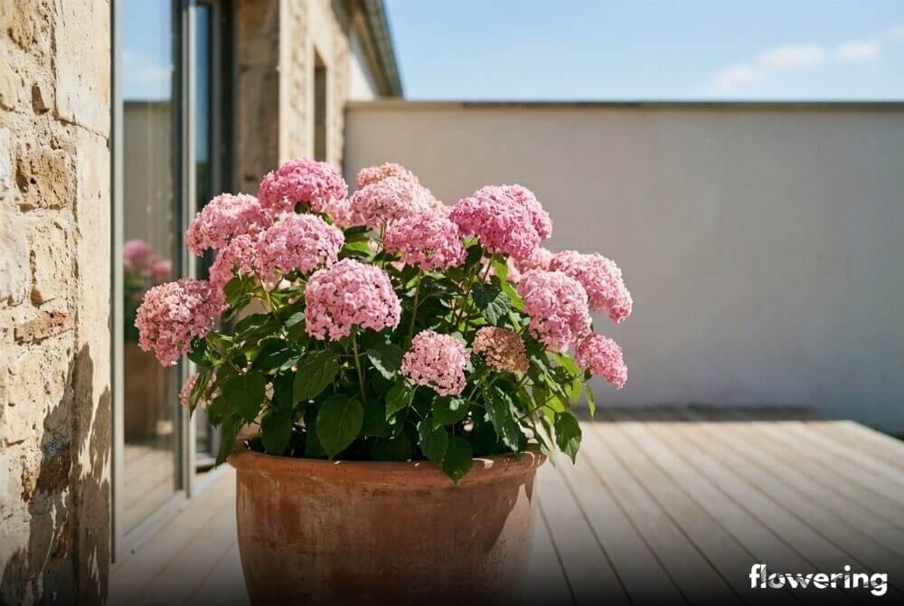 Hortensja ‘Pink Annabelle’ o różowych kwiatach rosnąca w dużej donicy na słonecznym tarasie przy domu