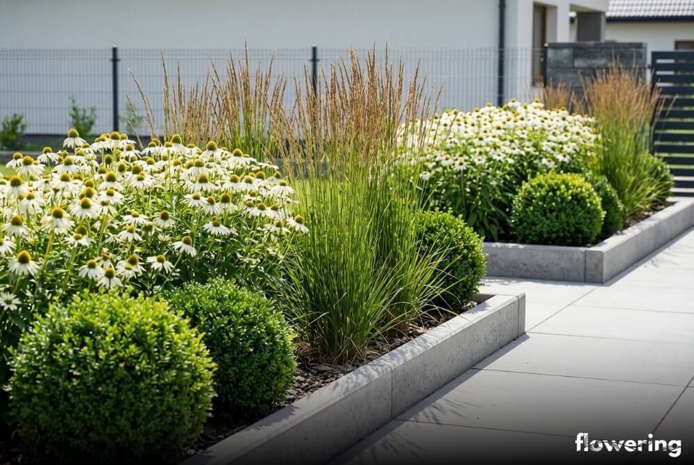 Minimalistyczna rabata z białą jeżówką, trzcinnikiem ‘Karl Foerster’ i zimozielonymi kulami w słonecznym ogrodzie przy domu
