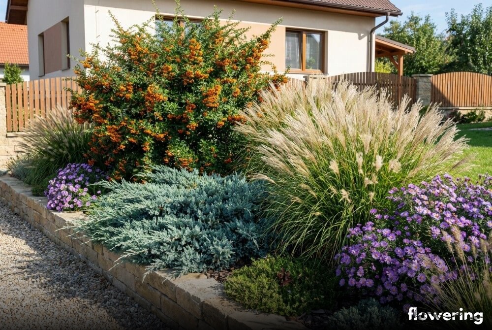 Rabata z ognikiem o pomarańczowych owocach, jałowcem „Blue Chip”, miskantami i jesiennymi astrami w ogrodzie przy domu
