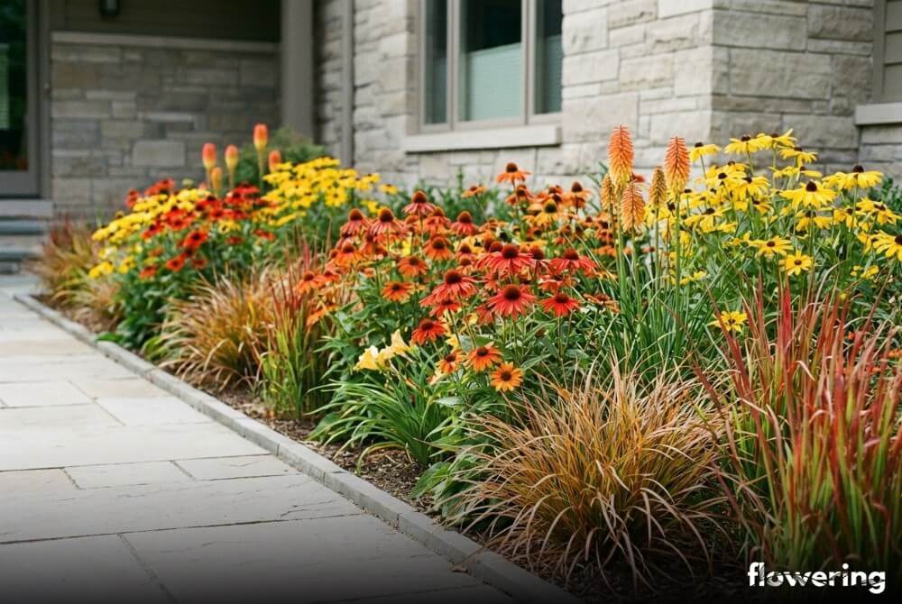 Ognista rabata z kolorowymi jeżówkami, rudbekią, trytomą i trawami o miedzianym ulistnieniu w słonecznym ogrodzie przy domu