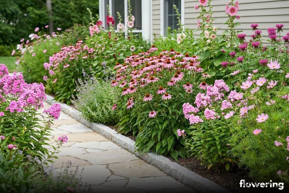 Sielska rabata z różową jeżówką, floksami, malwami, pysznogłówką i kosmosem w słonecznym ogrodzie w pobliżu domu