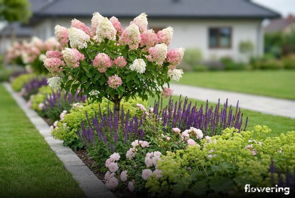 Romantyczna kompozycja: hortensja ‘Vanilla Fraise’ na pniu z różami okrywowymi, szałwią ‘Caradonna’ i przywrotnikiem w nowym ogrodzie