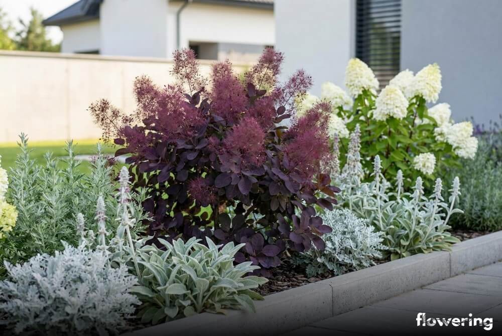 Bordowy perukowiec ‘Royal Purple’ z czyśćcem i bylicą oraz białą hortensją bukietową w słonecznym ogrodzie przy domu