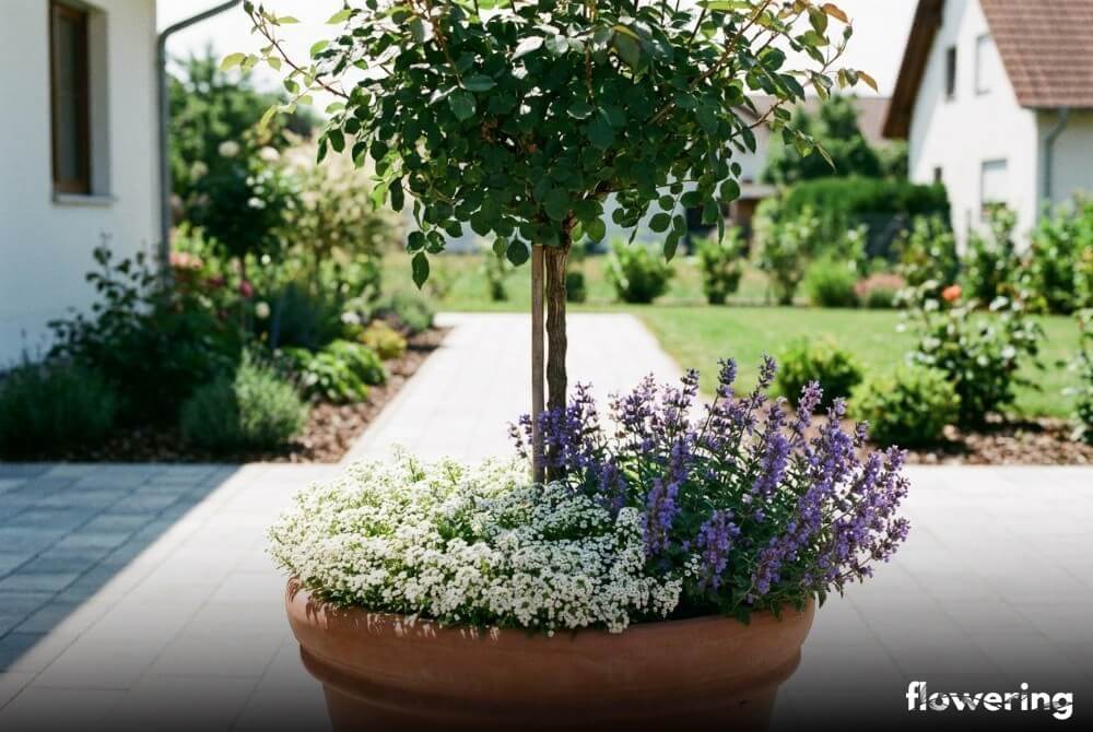 Róża na pniu w donicy ze smagliczką nadmorską i kocimiętką, na tle czystej, nowej nawierzchni tarasu