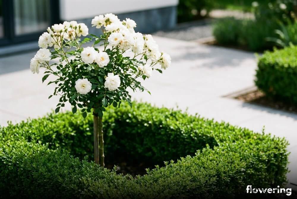 Biała róża na pniu z równą obwódką z ostrokrzewu karbowanolistnego, w słonecznym ogrodzie z nową nawierzchnią w tle