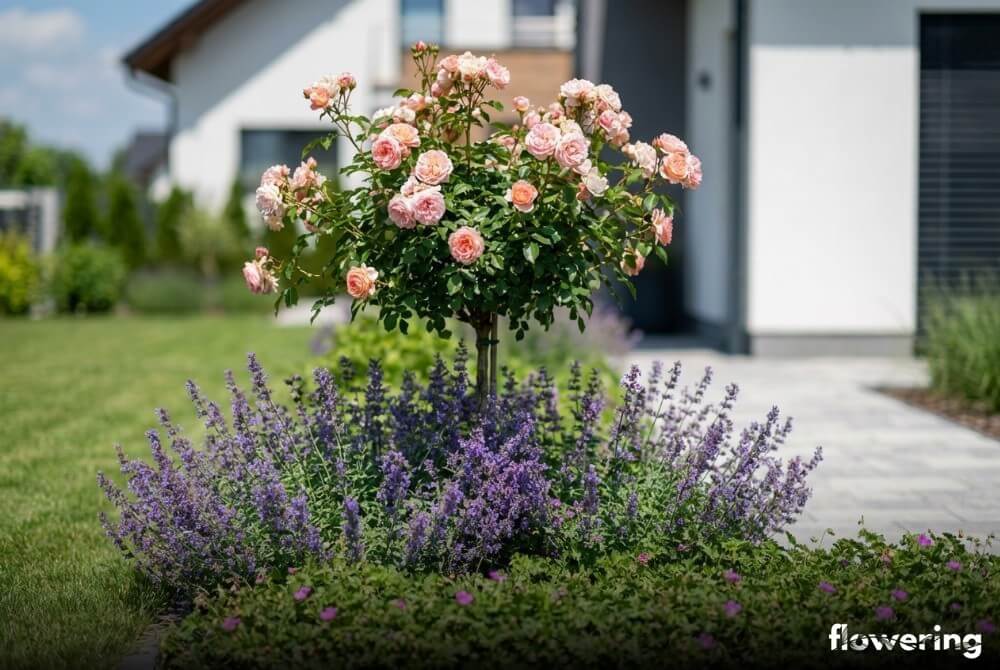 Róża na pniu z kocimiętką Faassena i bodziszkiem okrywowym, w ogrodzie przy domu z nową nawierzchnią w tle