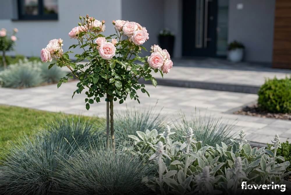 Róża na pniu w nowoczesnej rabacie z kostrzewą siną i srebrnym czyśćcem, z czystą ścieżką w tle