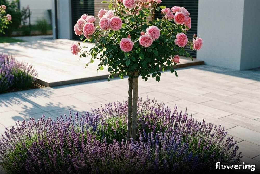 Róża na pniu z lawendą i szałwią omszoną u podstawy, w słonecznym ogrodzie z nową ścieżką w tle