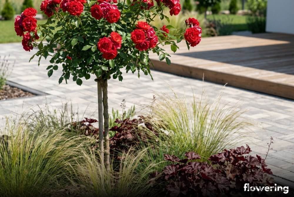 Róża na pniu z ostnicą cieniutką i bordowymi żurawkami w słonecznym ogrodzie przy domu