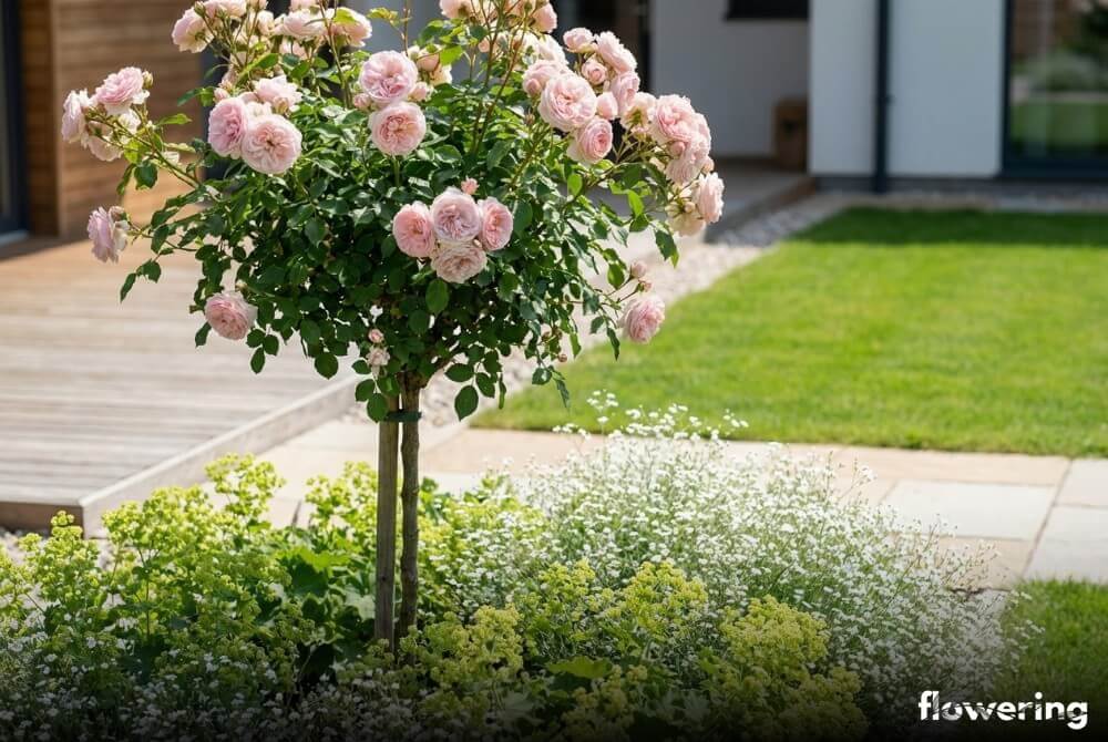 Romantyczna aranżacja: róża na pniu z przywrotnikiem i gipsówką, w ogrodzie przy domu z czystą ścieżką w tle