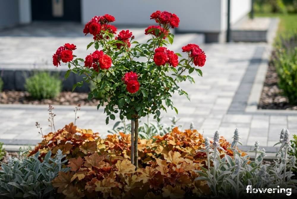 Róża na pniu z bursztynowymi żurawkami i srebrnym czyśćcem, w ogrodzie z nową, dyskretną infrastrukturą